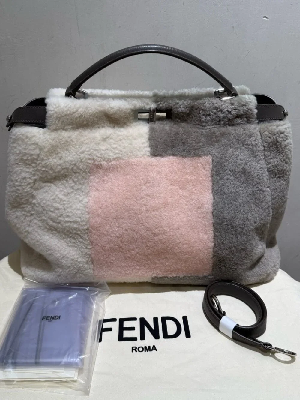Fendi Peekaboo Medium Patchwork Shearling Top‑Handle Handbag